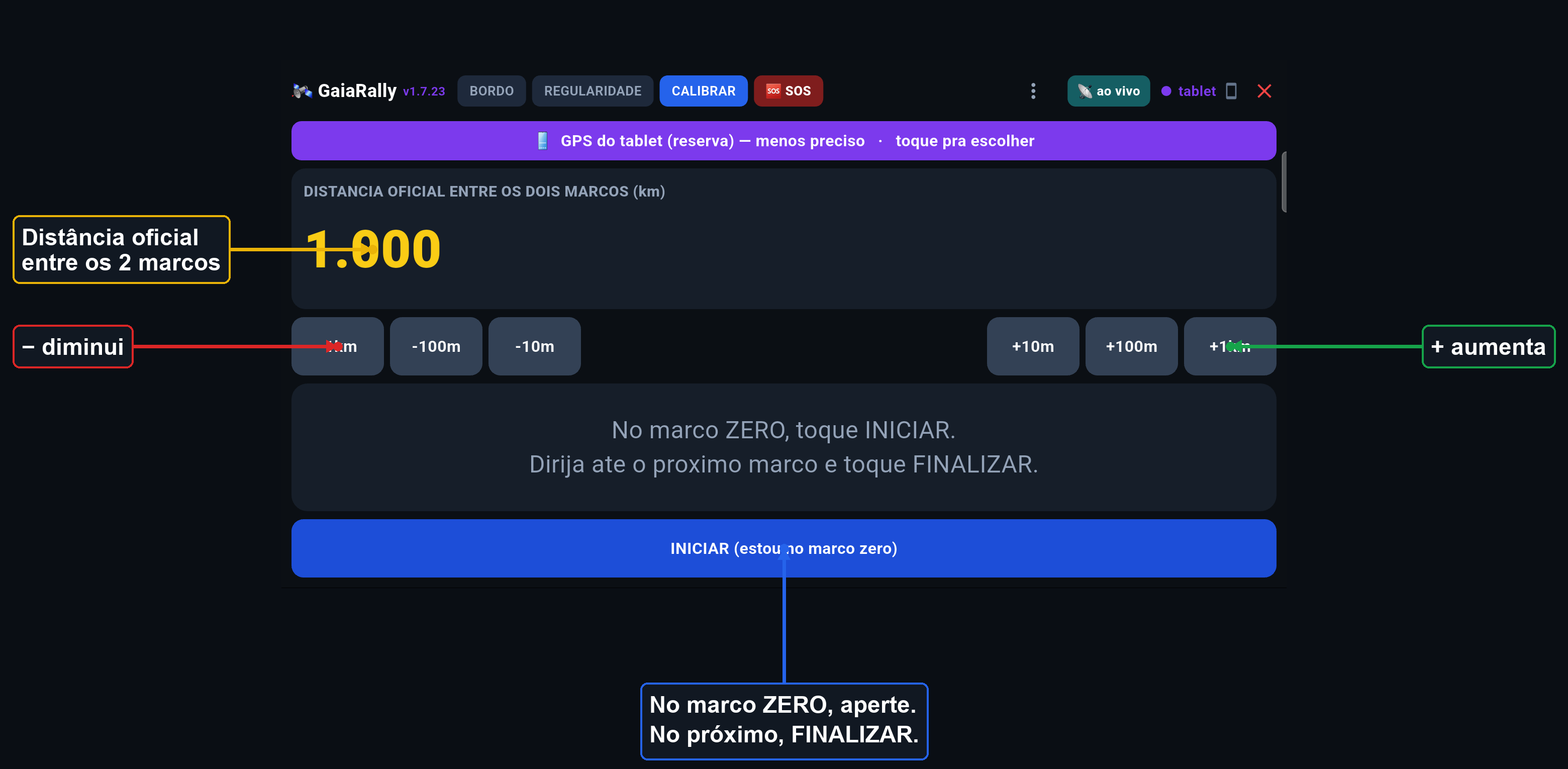 tela CALIBRAR com setas explicando cada botão
